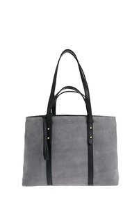 Sac fourre-tout en suède gris avec deux poignées en cuir noir, garniture en cuir noir et détail à pampilles.