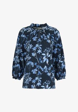 Marineblå bluse med lyseblåt blomsterprint, indsnøret halsudskæring med bindebånd og lange, puffede ærmer med elastiske manchetter.