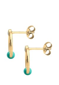 Guld hoops øreringe med turkise kugler i bunden, designet med en glat finish og en simpel studs bagtil for sikker bæring.