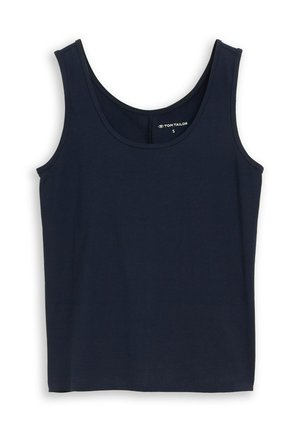 Granatowy bezrękawnik z dekoltem w kształcie litery U, rozmiar mały, wykonany z bawełny, marka Tom Tailor.