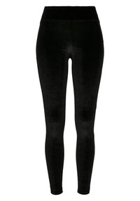 Svarta sammetsleggings med en slät textur, hög midja och figurnära design, utan synliga sömmar eller mönster.