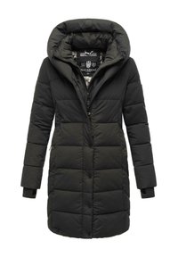 Schwarze Daunenjacke mit Kapuze, mit gesteppter Optik, Reißverschluss vorne und seitlichen Taschen. Weiches Innenfutter mit Markenlabel.