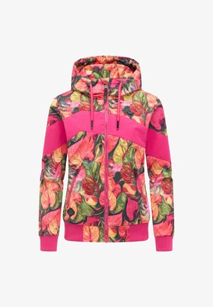 Damesjas met ritssluiting en capuchon, voorzien van roze panelen en een meerkleurig bloemen- en bladerenpatroon, voorzakken en een capuchon met trekkoord.