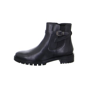 Black leather ankle boot with side buckle strap, elastic panel, and thick lug sole, shown in profile facing left.