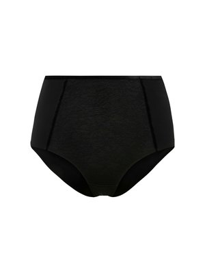 Hogewaist zwarte onderbroek van zacht materiaal. Heeft een gestructureerd ontwerp met contrasterende gladde panelen en een naadloze tailleband.