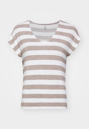 Gestreepte korte mouwen t-shirt met een v-hals, met afwisselend lichtbruine en witte strepen. Gemaakt van zachte, gestructureerde stof.