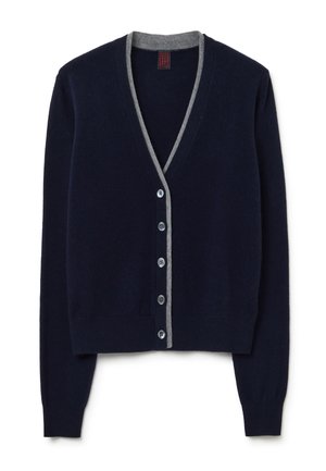 Cárdigan de lana navy con un ribete en V de color gris, puños acanalados y seis botones grises en la parte delantera. Textura suave, diseño ajustado.
