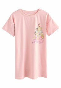Vaaleanpunainen lyhythihainen t-paita pehmeästä kankaasta, jossa on värikäs graafinen prinsessoista ja sana "Prinsessa" tyyliteltynä tekstinä.