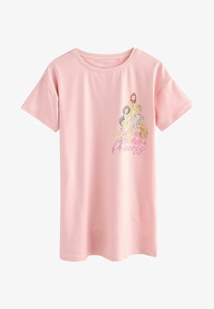 T-shirt rose à manches courtes en tissu doux, arborant un graphique coloré de princesses et le mot "Princesse" en texte stylisé.