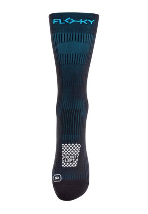Chaussette de compression noire et bleue avec motif rayé, marquage "FLOKY" en haut et étiquette "FRONT LEFT" sur la semelle.