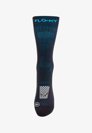 Chaussette de compression noire et bleue avec motif rayé, marquage "FLOKY" en haut et étiquette "FRONT LEFT" sur la semelle.
