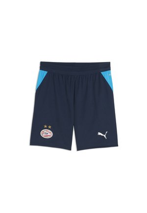Donkerblauwe sportshorts met lichtblauwe zijpanelen, PSV voetbalclubbadge met twee sterren op het linkerbeen en wit Puma-logo op het rechterbeen.