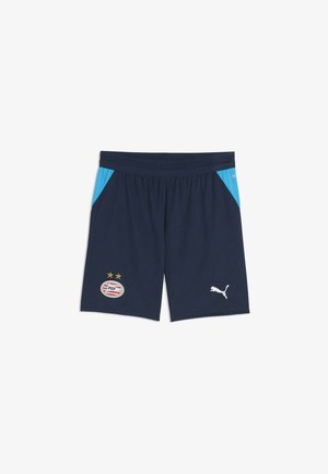 Mørkeblå sportsshorts med lyseblå sidelommer, PSV fodboldklubmærke med to stjerner på venstre ben og hvid Puma-logo på højre ben.