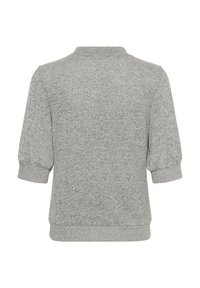 Pull gris à manches courtes bouffantes. Il présente un tissu texturé et un col côtelé. L'ourlet est droit et fini.