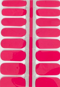 Set von glänzenden, hellrosa Nagelabdeckungen, die verschiedene Nagelgrößen auf einem transparenten Träger mit einem silbernen Streifen trennen.