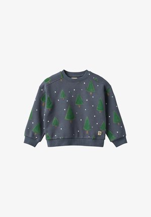 Sweat-shirt bleu marine avec un motif d'arbres verts et de flocons de neige blancs. Poignets et ourlet côtelés, avec une petite étiquette sur le bas devant.