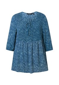 Tunic floreale blu con scollatura a fiocco, maniche lunghe e corpino elastico. Il tessuto presenta un motivo testurizzato e una vestibilità ampia.