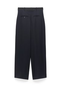 Pantaloni a gamba larga blu navy con vita nera, passanti per cintura e due tasche posteriori, una con chiusura a bottone.