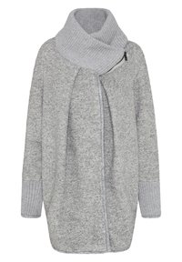 Grå cardigan med bred, ribbad krage och långa ärmar. Tillverkad av ett texturerat stickat tyg med öppet framsidan, och har subtil sömdetaljering.