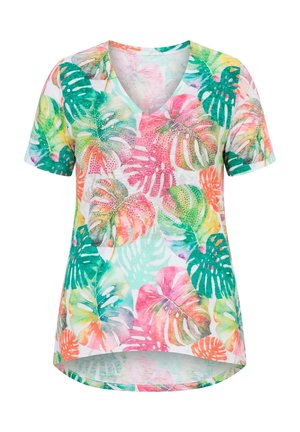 MIAMODA, RAINBOW MONSTERA SHORT SLEEVE V-NECK TEE - Printtipaita - snow white