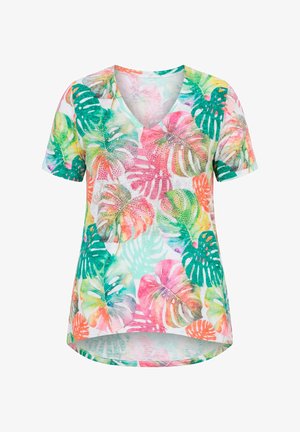 MIAMODA, RAINBOW MONSTERA SHORT SLEEVE V-NECK TEE - Printtipaita - snow white