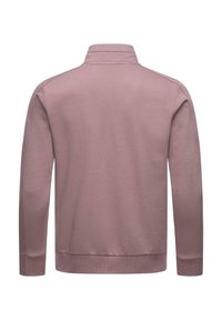 Pullover tolmuses roosa värviga, kõrge kaeluse, pikkade varrukate ning soonikute ja äärega. Sile tekstuur ja ei mingeid nähtavaid mustreid või aktsente.