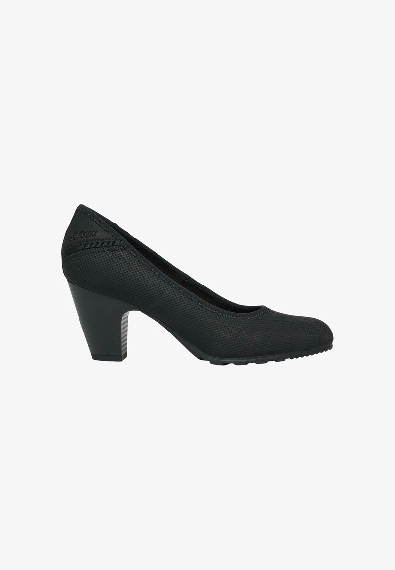 Escarpin noir pour femme à talon moyen, surface texturée, bout arrondi et talon bloc, présenté de profil sur fond blanc.