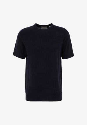 Granatowy sweter z krótkim rękawem i okrągłym dekoltem. Wykonany z miękkiego materiału, z prążkowanymi mankietami i dołem, o jednolitym wzornictwie bez wzorów.