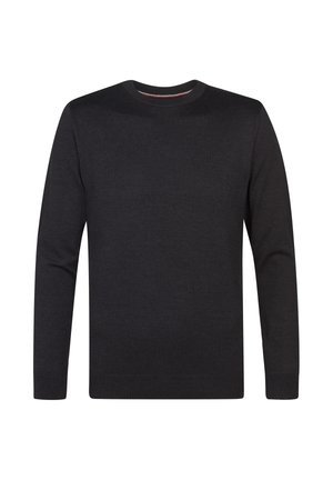 Pulover gri închis realizat dintr-un material moale, având un gât rotund clasic și mâneci lungi cu manșete și tiv din țesătură ribbed.