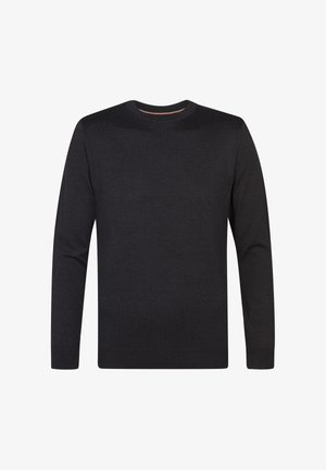 Pulover gri închis realizat dintr-un material moale, având un gât rotund clasic și mâneci lungi cu manșete și tiv din țesătură ribbed.