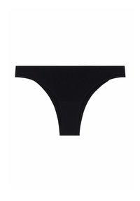 Perizoma nero con una texture liscia, design minimale e ampia fascia in vita. Presenta un taglio a vita bassa e bordi senza cuciture.