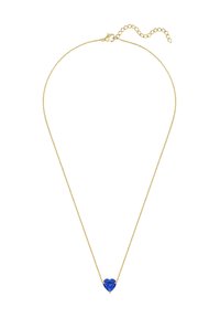 Goldkette mit einem herzförmigen, blauen Edelsteinanhänger, der ein zartes Design und eine verstellbare Kettenlänge für Vielseitigkeit aufweist.