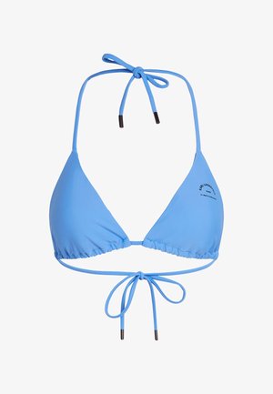 Haut de bikini triangulaire bleu avec une texture lisse, des liens réglables et un bord froncé. Présente un logo noir sur une des bonnets.