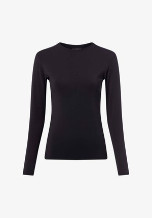 Schwarzes langärmliges T-Shirt aus glattem, dehnbarem Stoff. Verfügt über einen runden Halsausschnitt und ein tailliertes Design ohne sichtbare Muster oder Akzente.