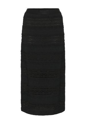 Črna midi krilo z vodoravnimi čipkastimi črtami in trdim pasom, ki ima oprijet kroj in teksturirano tkanino.