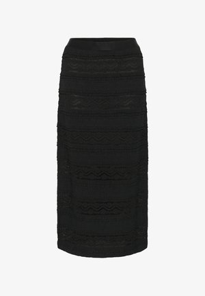Črna midi krilo z vodoravnimi čipkastimi črtami in trdim pasom, ki ima oprijet kroj in teksturirano tkanino.
