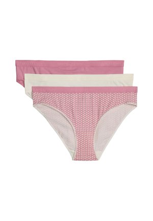 Trzy damskie majtki bikini w kolorach różowym, białym oraz różowym z białymi wzorami serc, ułożone poziomo jedna na drugiej.