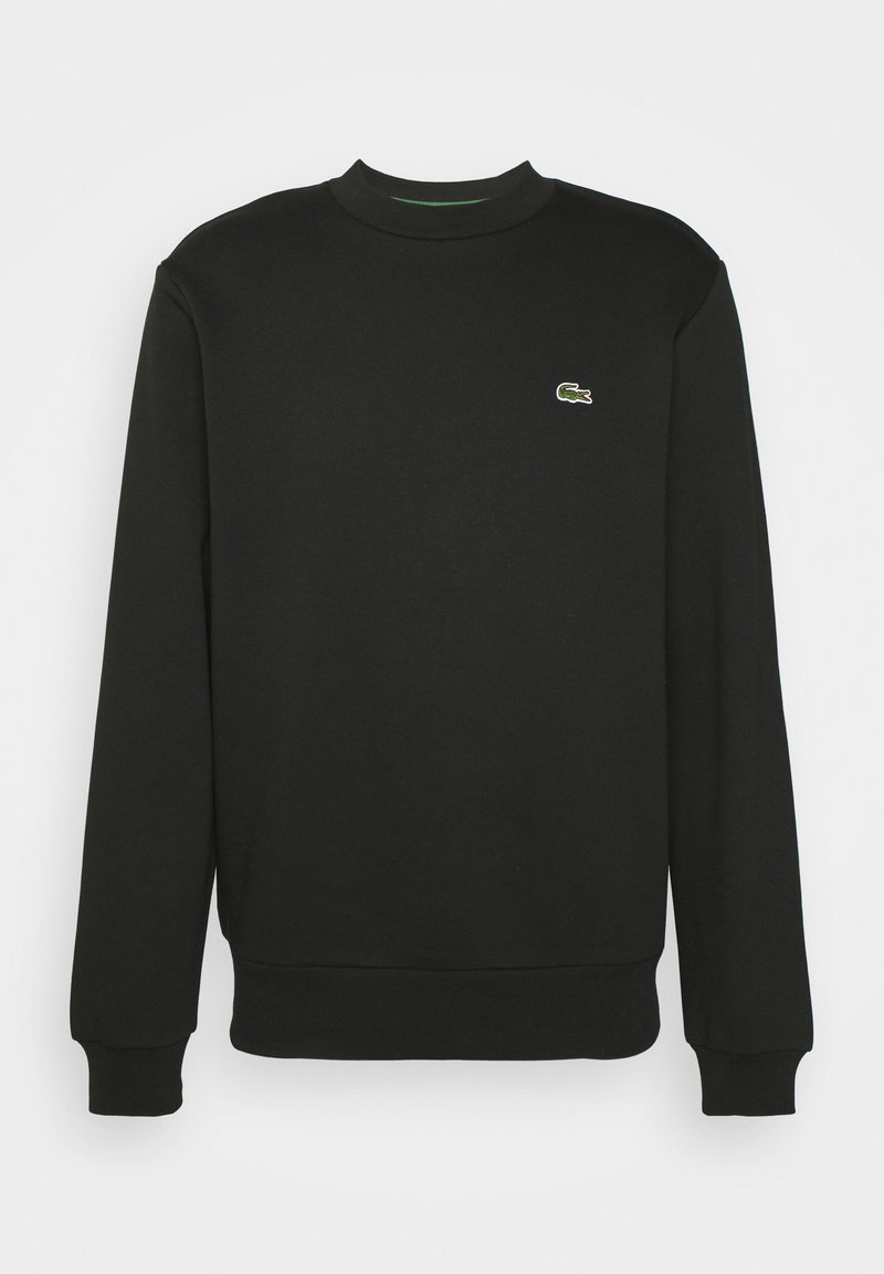 Black sweatshirt with long sleeves and a crew neck. Features a small green and white embroidered logo on the left chest. Smooth texture.