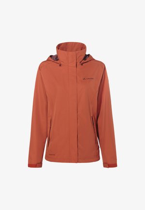 Veste imperméable couleur rouille avec col haut, capuche, fermeture éclair avant recouverte d'un rabat, deux poches zippées et logo VAUDE sur la poitrine.
