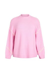 Różowy sweter z dzianiny o okrągłym dekolcie i obniżonych ramionach, z ozdobnym beżowym haftem wzdłuż rękawów i korpusu.