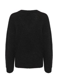 Maglione nero lavorato a maglia con una vestibilità ampia, maniche lunghe e scollatura rotonda. La texture sembra morbida e pelosa con una leggera lucentezza.