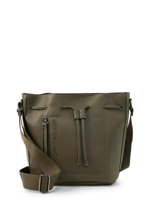 Olive green textured leather shoulder bag with adjustable strap, drawstring closure, and front zip pocket with stitched brand logo.