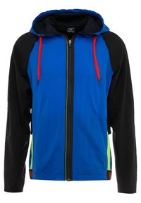 Blå och svart huva jacka med framdragkedja, röda dragsko och neongröna sidopaneler, designad för atletisk användning.