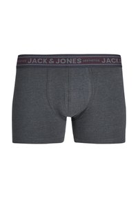 Grijze boxershorts van rekbaar materiaal, met een donker band met merknaam "JACK & JONES" en een esthetisch label.