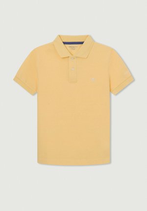 Gelbes Poloshirt mit kurzen Ärmeln und zwei Knöpfen, kleines gesticktes Logo mit gekreuzten Ruderpaddeln auf der Brust sowie Hackett-Branding am Kragen und Ärmel.