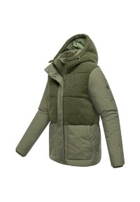 Olijfgroene jas met een fleece bovenstuk en een glad onderstuk, voorzien van een capuchon, ritssluiting en twee voorzakken.