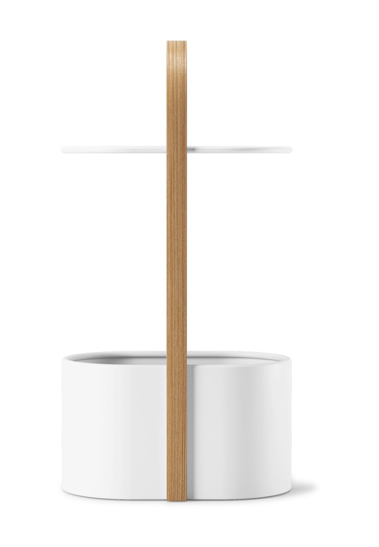 Cestino a due livelli con base cilindrica bianca, manico in legno e un ripiano superiore rotondo. Superficie liscia e design minimalista.