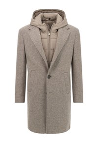 Cappotto beige in misto lana con uno strato interno imbottito grigio chiaro removibile, dotato di cappuccio, chiusura con bottoni e due tasche frontali.
