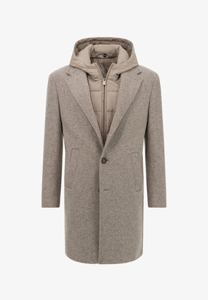 Cappotto beige in misto lana con uno strato interno imbottito grigio chiaro removibile, dotato di cappuccio, chiusura con bottoni e due tasche frontali.