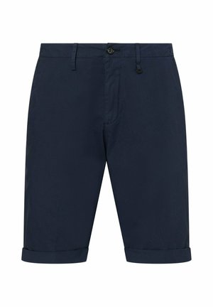 Pantaloni scurți pentru bărbați, de culoare albastru marin, până la genunchi, cu nasture, găici pentru curea, buzunare frontale și tiv răsucit.